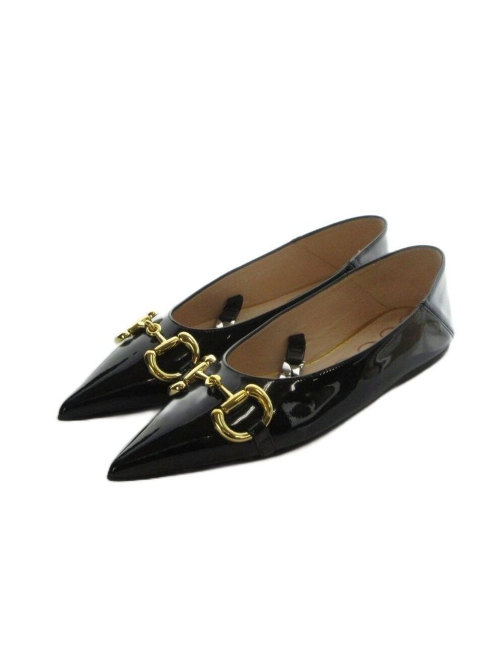 Gucci Pumps Pointed Toe Patent Horsebit Chain Black Heel
